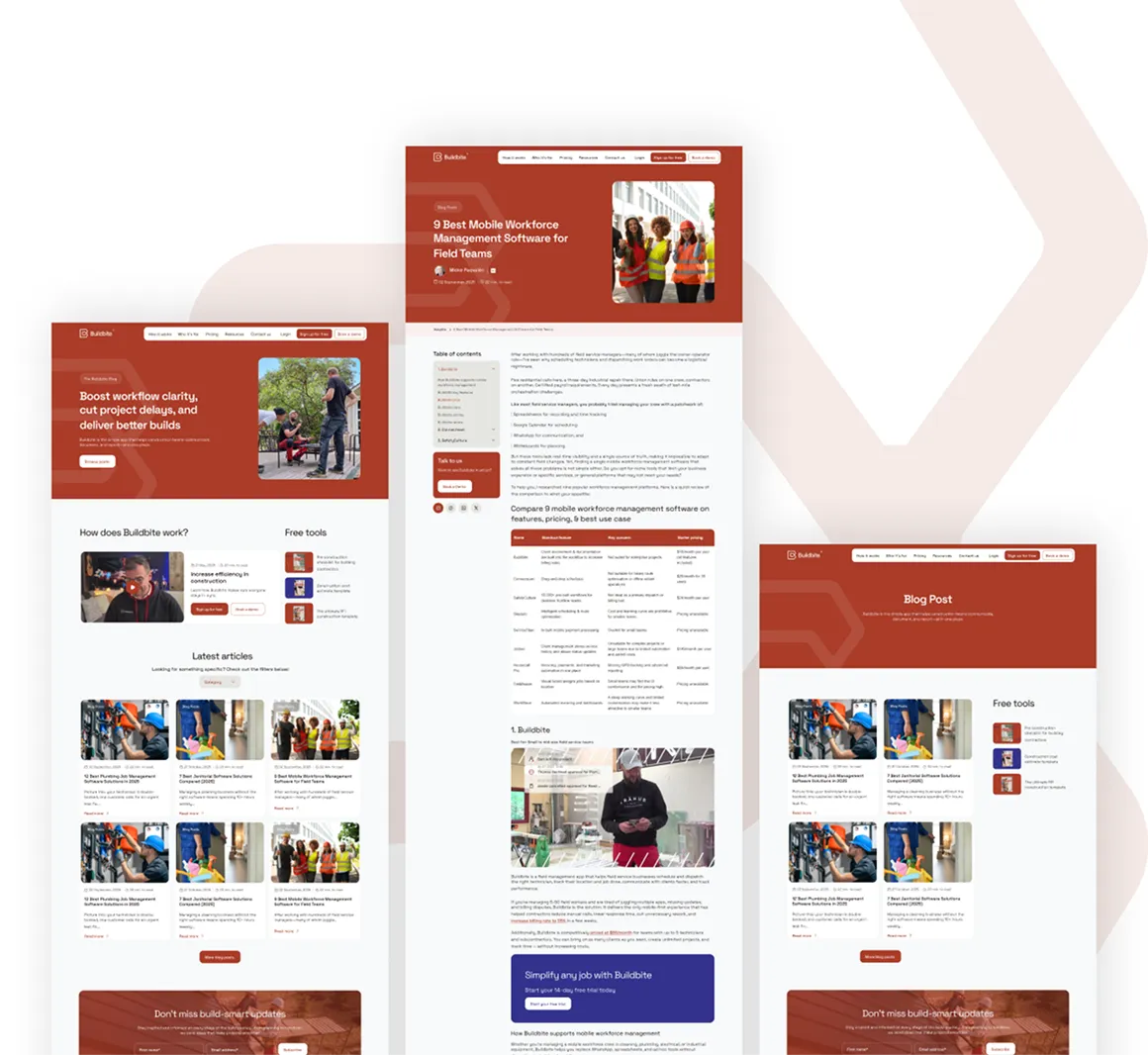 Buildbite website case study pages showing workflow clarity, mobile workforce management software for field teams, blog posts, and free tools sections in a red and white theme.