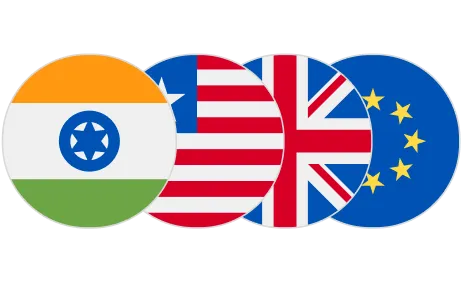 Four circular icons showing the flags of India, the United States, the United Kingdom, and the European Union.